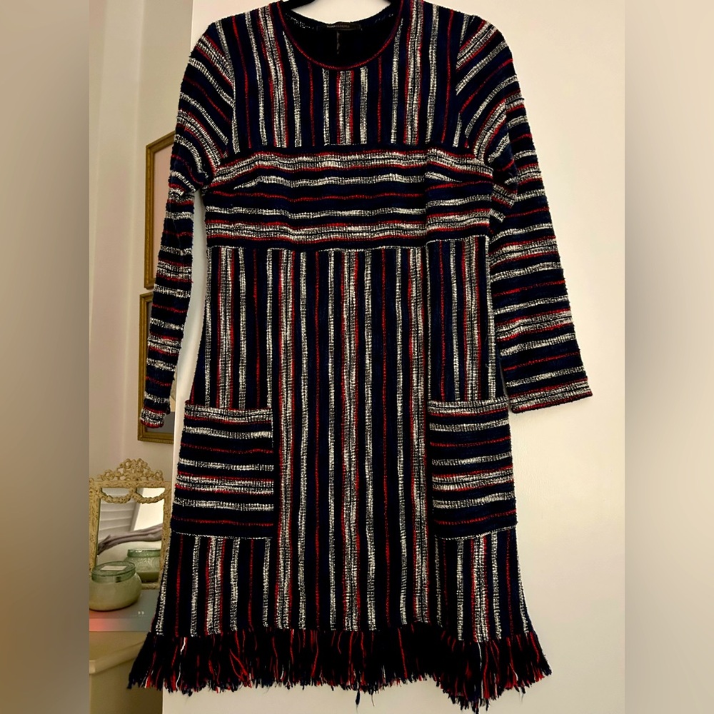 BCBGMaxAzria Navy, Red and White Long Sleeve Sweater Dress